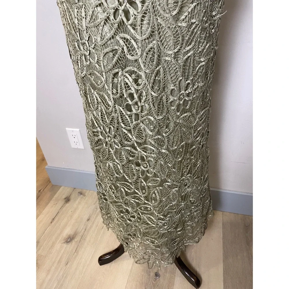 Vintage 90s Y2K Silk 3 Piece Set Lace Beaded Blouse Tank Skirt Sage Green Formal